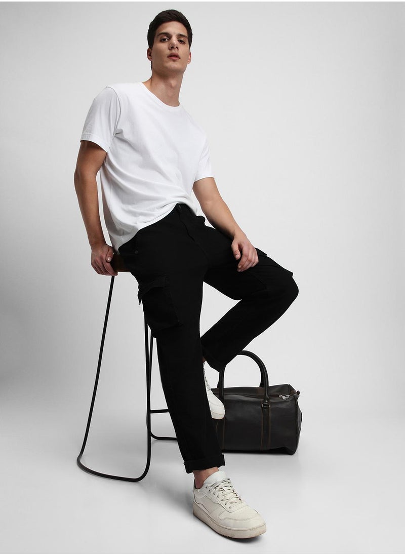 Men's Black Cotton Blend Solid Full Length Denim Cargo Jeans