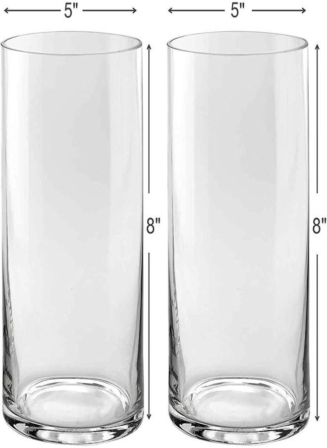 Set of 2 Clear Glass Cylinder Vases – 8 Inch Tall x 5 Inch Wide – Pillar Candle Holders, Floating Candle Vases or Flower Vases – Decorative Centerpieces for Weddings, Events & Home Décor