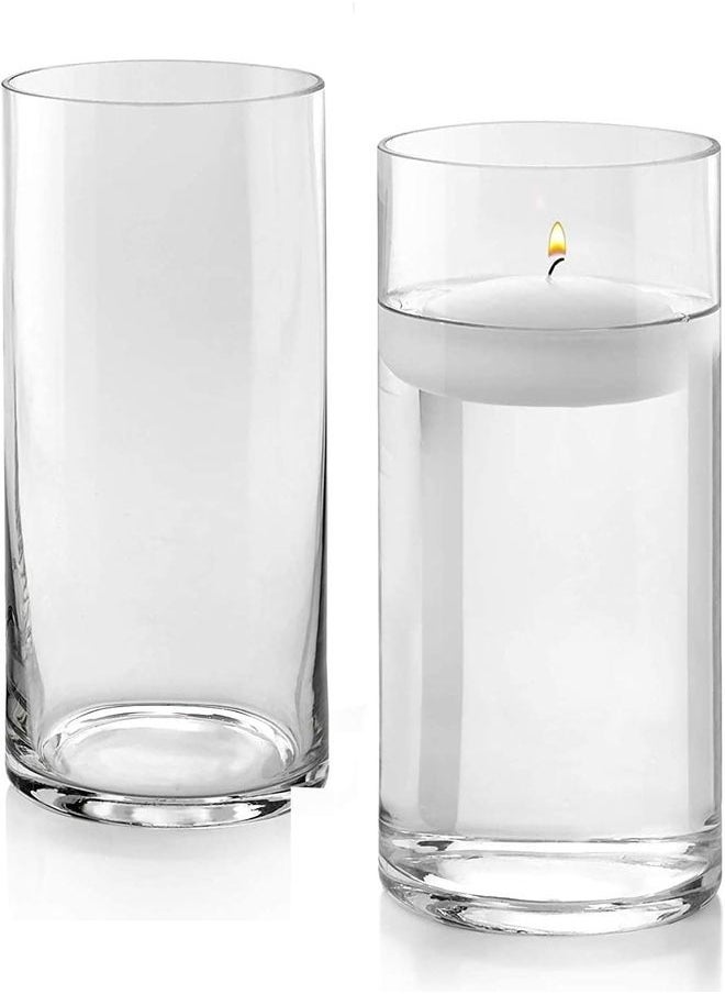 Set of 2 Clear Glass Cylinder Vases – 8 Inch Tall x 5 Inch Wide – Pillar Candle Holders, Floating Candle Vases or Flower Vases – Decorative Centerpieces for Weddings, Events & Home Décor