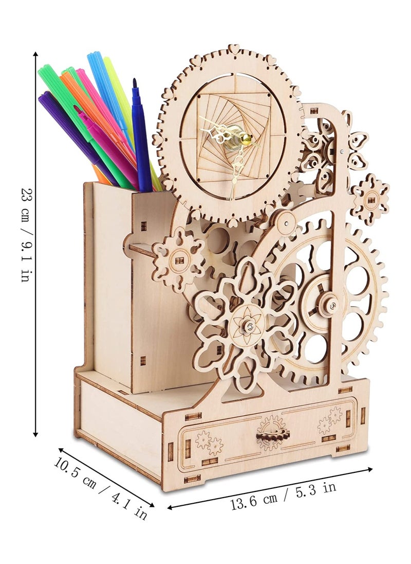Wooden Clock with Music Box and Pen Holder, No Tick Sound, Mechanical Wood Clock Model Kits to Build, DIY Assembly Toy, Woodcraft Kit