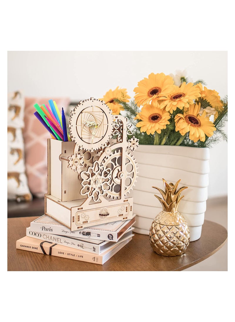 Wooden Clock with Music Box and Pen Holder, No Tick Sound, Mechanical Wood Clock Model Kits to Build, DIY Assembly Toy, Woodcraft Kit