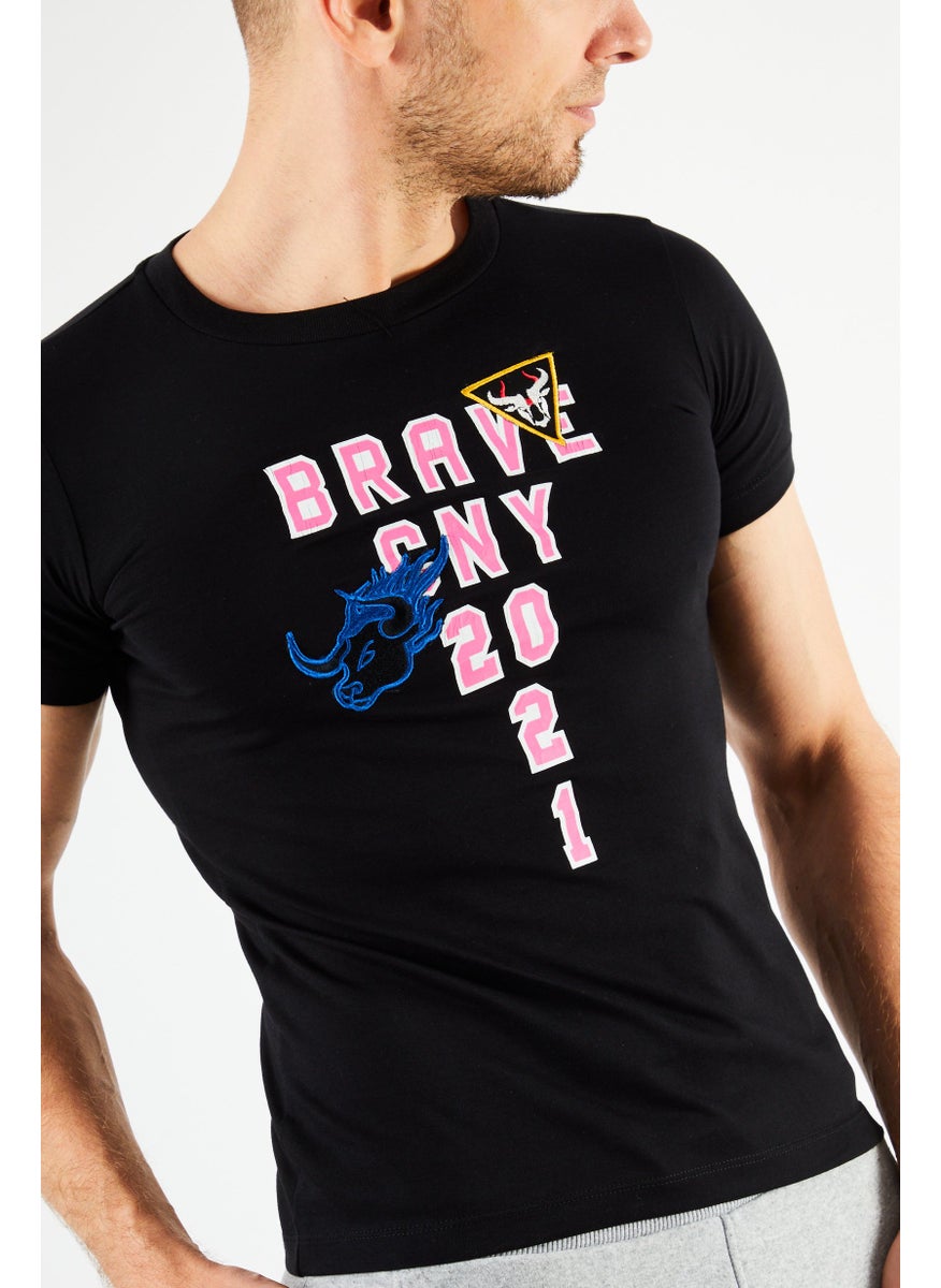 Men Crew Neck Short Sleeve Graphic And Embroidered T Shirt, Black