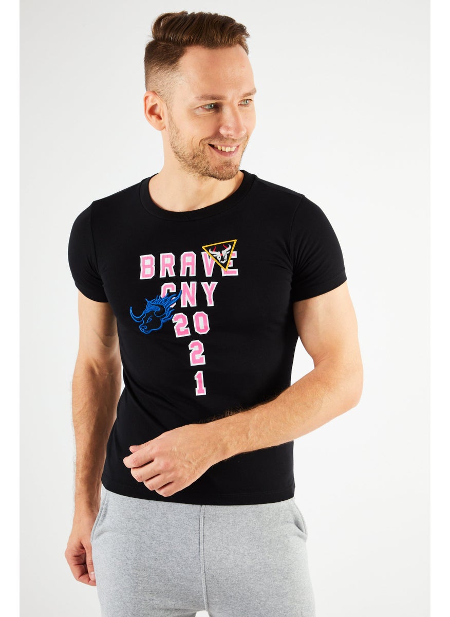Men Crew Neck Short Sleeve Graphic And Embroidered T Shirt, Black