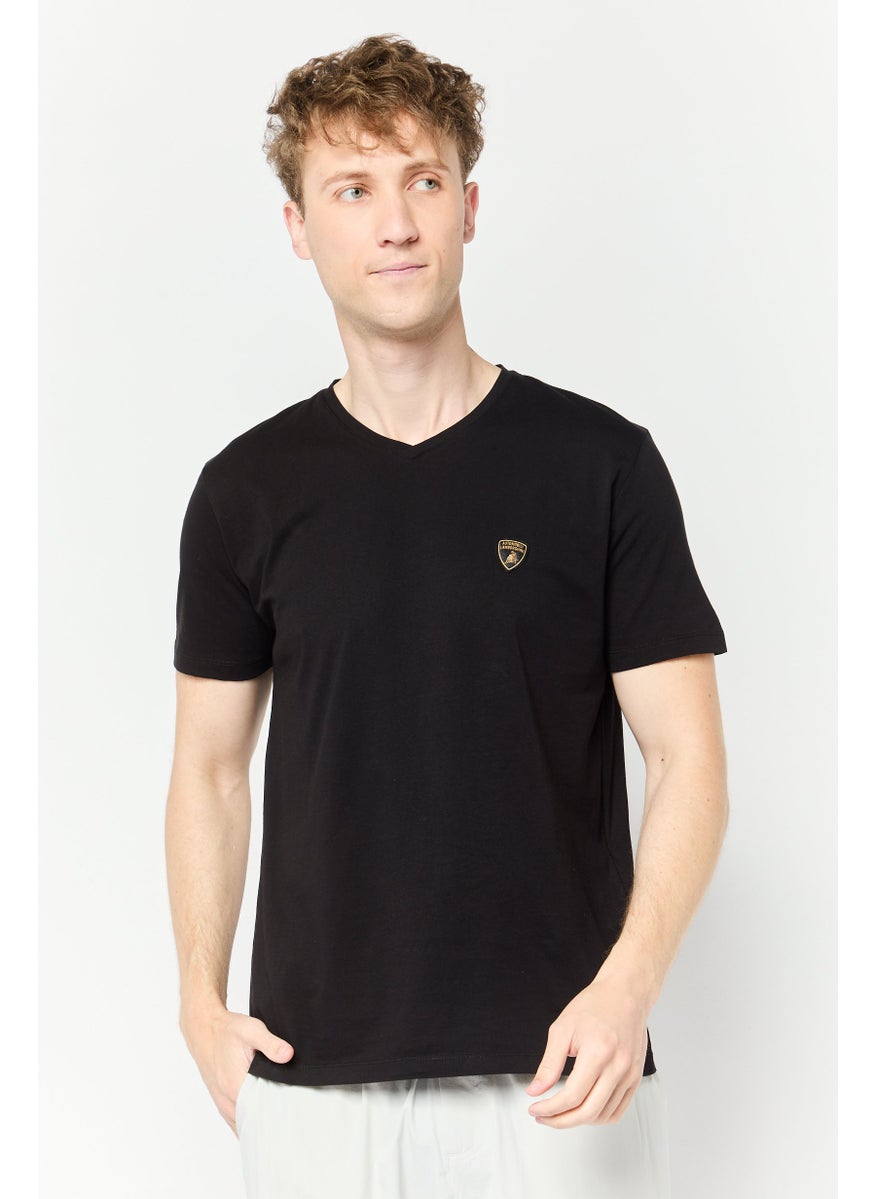 Men V Neck Short Sleeves Brand Logo T-Shirt, Black