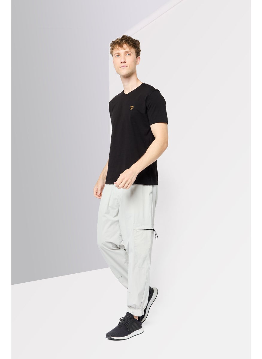 Men V Neck Short Sleeves Brand Logo T-Shirt, Black