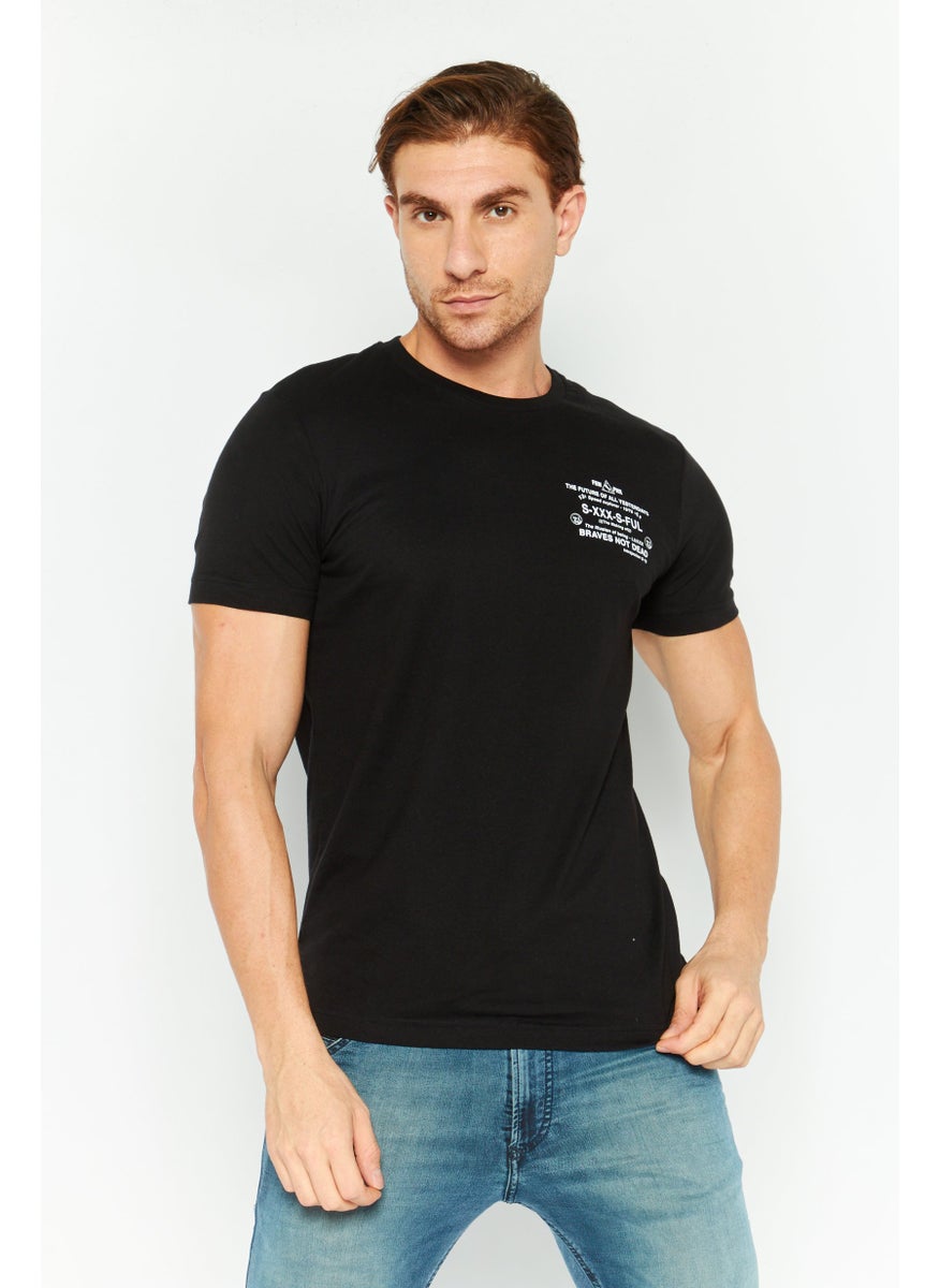 Men Crew Neck Short Sleeves Printed T-Shirt, Black