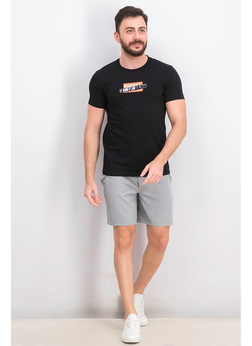 Men Crew Neck Short Sleeve Brand Logo Print Tee, Black