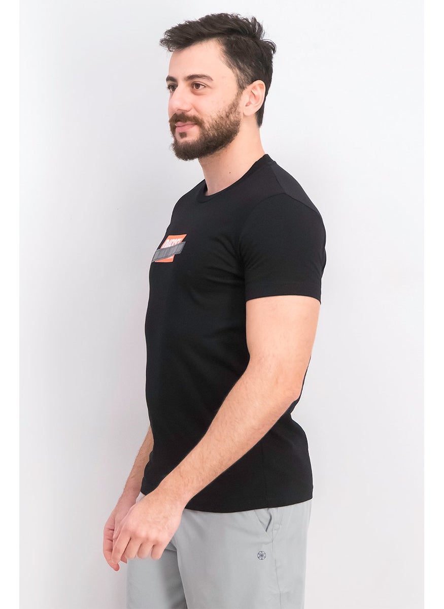 Men Crew Neck Short Sleeve Brand Logo Print Tee, Black