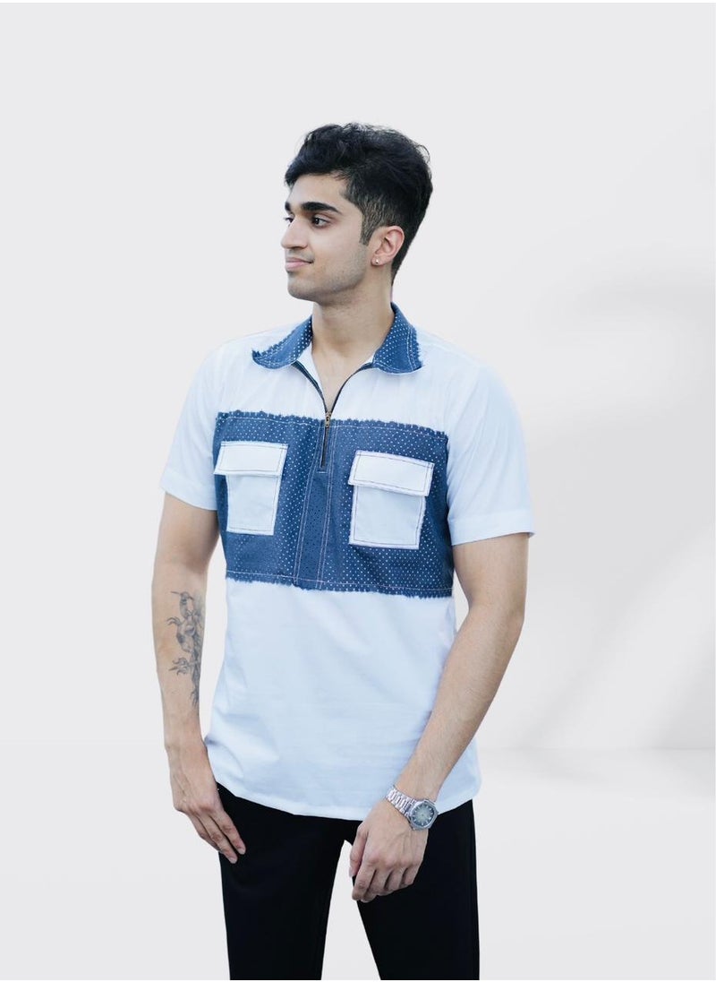 Men’s Stretchable Cotton T-Shirt – Short Sleeves, Breathable, Blue & White – Perfect for Office & Casual Party Outings