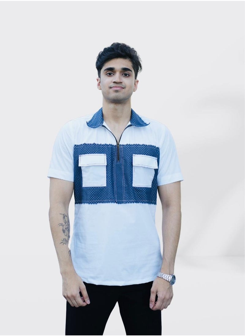 Men’s Stretchable Cotton T-Shirt – Short Sleeves, Breathable, Blue & White – Perfect for Office & Casual Party Outings