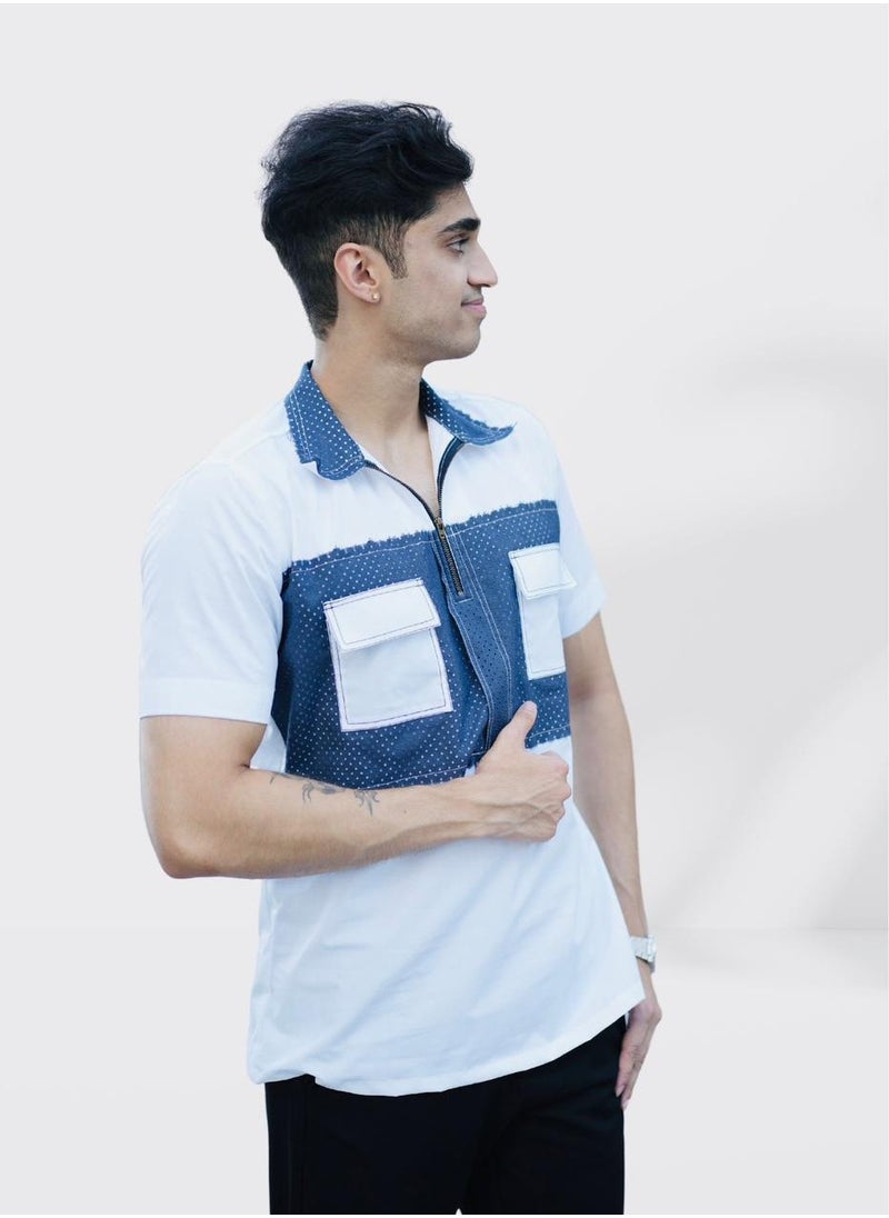 Men’s Stretchable Cotton T-Shirt – Short Sleeves, Breathable, Blue & White – Perfect for Office & Casual Party Outings