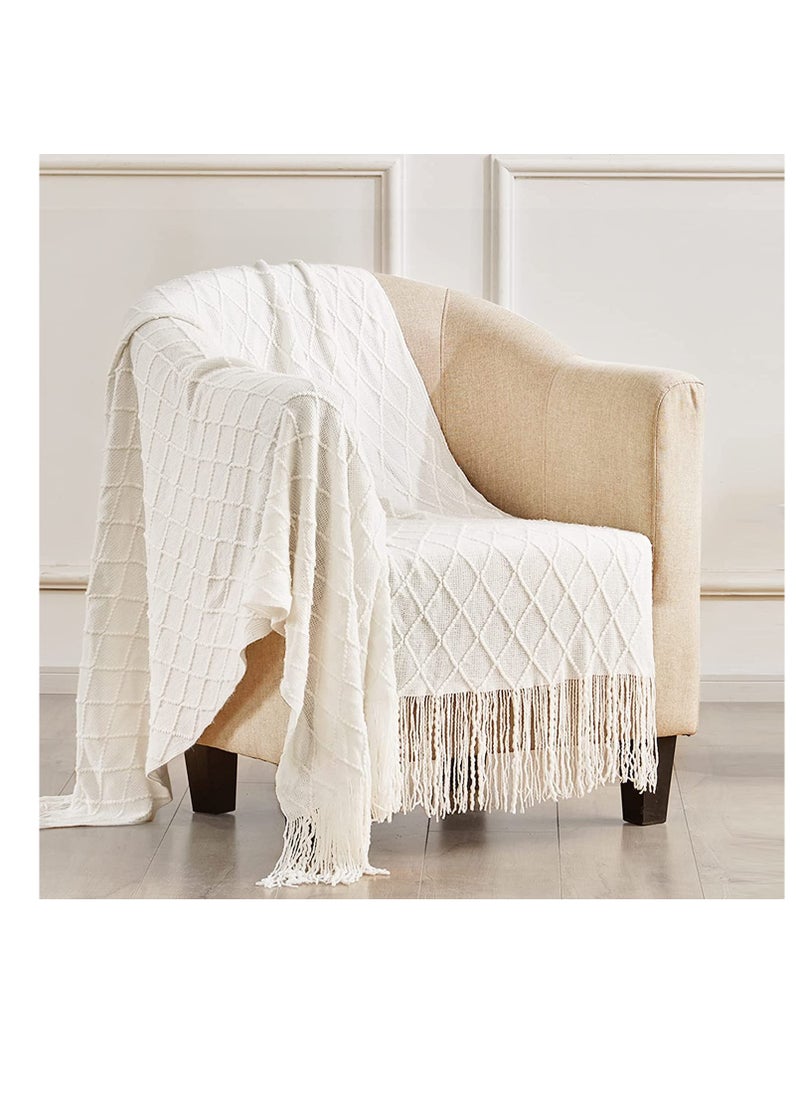 Lightweight Knitted Throw Blankets for Couch, Sofa, and Bed, Soft Knit Blanket with Tassel, Decorative Cozy Farmhouse Throw for Women and Men, 50