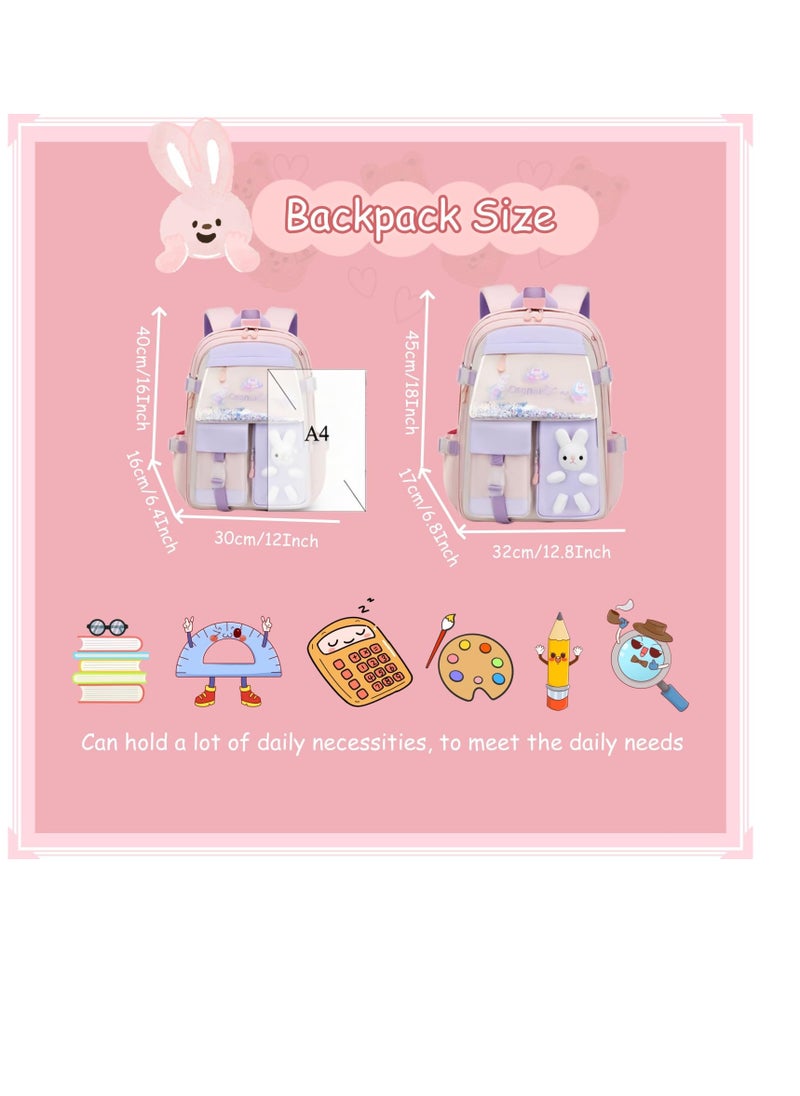 Bunny Backpack for Girls, Cute Kids Bookbag for Elementary School Teens, Kawaii Preschool Outdoor Daypack, Kids Backpack with Rabbit Dolls, Pink