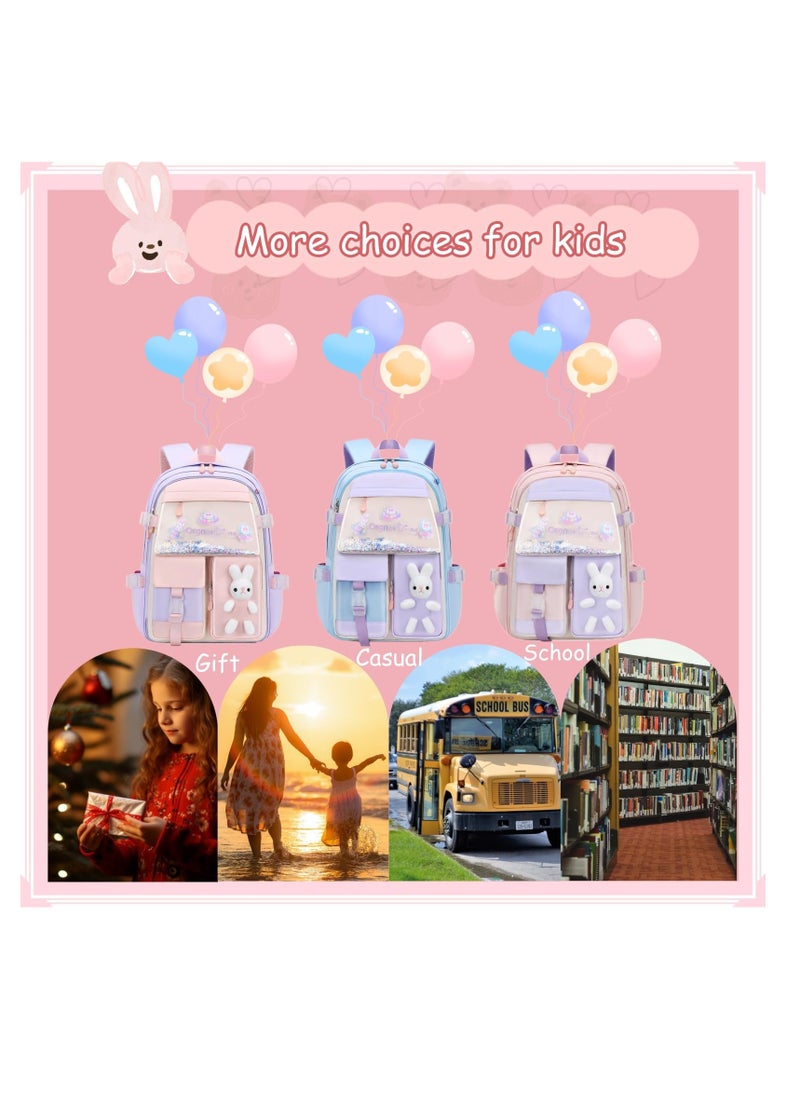 Bunny Backpack for Girls, Cute Kids Bookbag for Elementary School Teens, Kawaii Preschool Outdoor Daypack, Kids Backpack with Rabbit Dolls, Pink