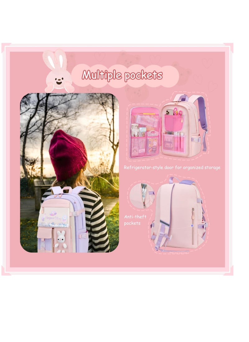 Bunny Backpack for Girls, Cute Kids Bookbag for Elementary School Teens, Kawaii Preschool Outdoor Daypack, Kids Backpack with Rabbit Dolls, Pink