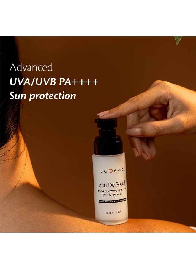 Eau De Soleil Sunscreen SPF 50 PA++++, with Hyaluronic Acid for Hydrating Skin, UVA/UVB Blue Light Protection, Light Non-Greasy Sun Protection, No White Cast Sunscreen for All Skin Type – 50ml