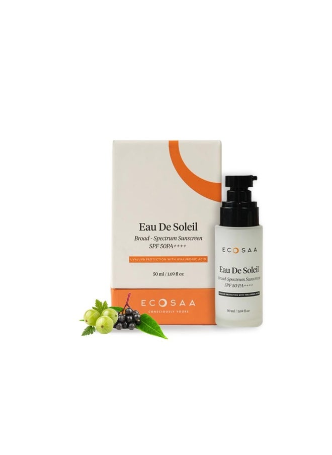 Eau De Soleil Sunscreen SPF 50 PA++++, with Hyaluronic Acid for Hydrating Skin, UVA/UVB Blue Light Protection, Light Non-Greasy Sun Protection, No White Cast Sunscreen for All Skin Type – 50ml