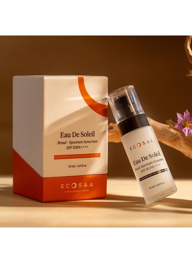 Eau De Soleil Sunscreen SPF 50 PA++++, with Hyaluronic Acid for Hydrating Skin, UVA/UVB Blue Light Protection, Light Non-Greasy Sun Protection, No White Cast Sunscreen for All Skin Type – 50ml