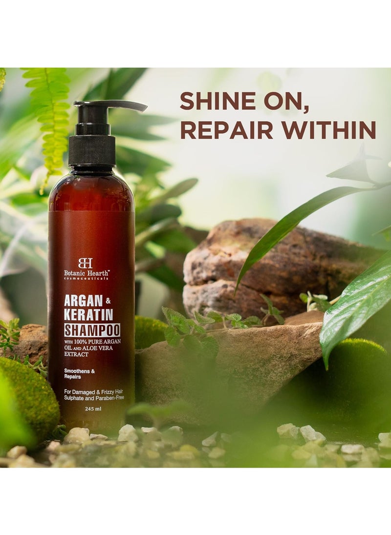 Botanic Hearth Argan and Keratin Shampoo with 100% Pure Argan Oil and Aloe Extracts Repairs Hair and Controls Frizz For Damaged and Frizzy Hair Shampoo for Women and Men 245ml