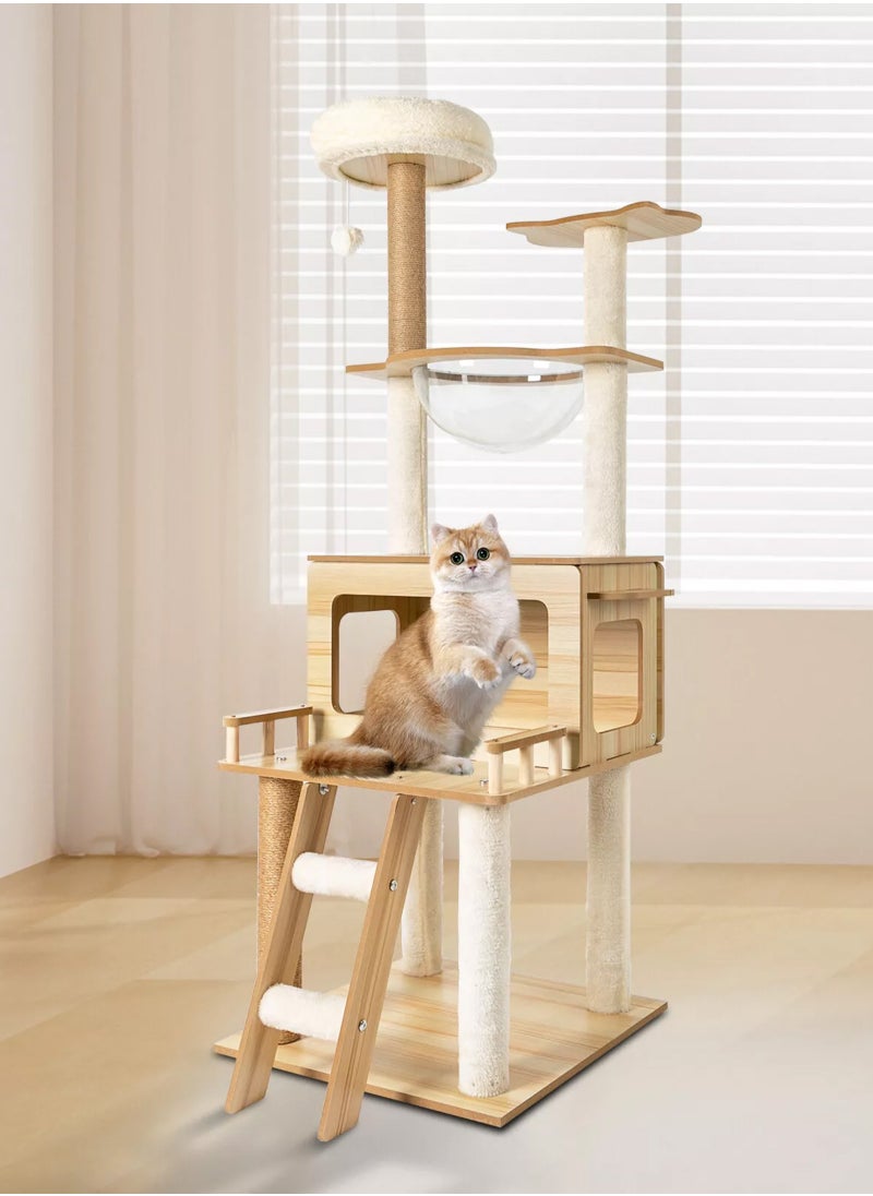 Cat Tree Tower Indoor - Modern Activity Center With Scratching Post, Standing House Condo, Fun Toys for Kittens, Pet Playhouse (147CM)