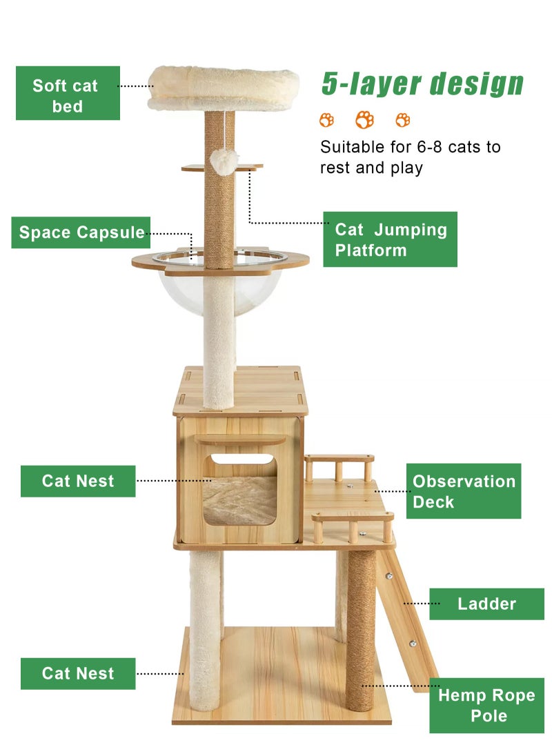 Cat Tree Tower Indoor - Modern Activity Center With Scratching Post, Standing House Condo, Fun Toys for Kittens, Pet Playhouse (147CM)