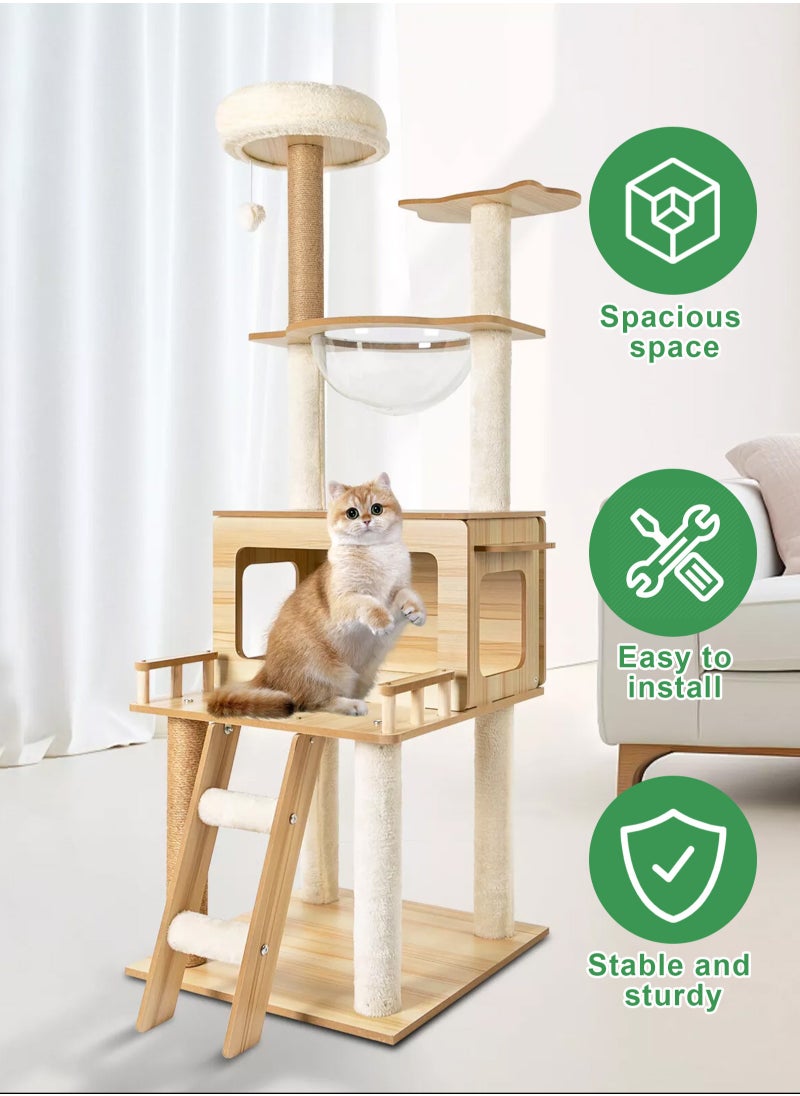 Cat Tree Tower Indoor - Modern Activity Center With Scratching Post, Standing House Condo, Fun Toys for Kittens, Pet Playhouse (147CM)
