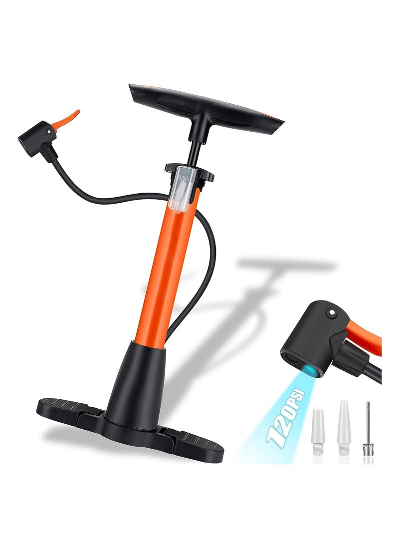 Bike Pump, Portable Floor Bicycle Pump Fit Presta and Schrader Valves, 120PSI High Pressure Bike Air Pump with Ball Pump Needles, Air Bicycle Pump Inflator, for Bike Tire Pump for Road Bike