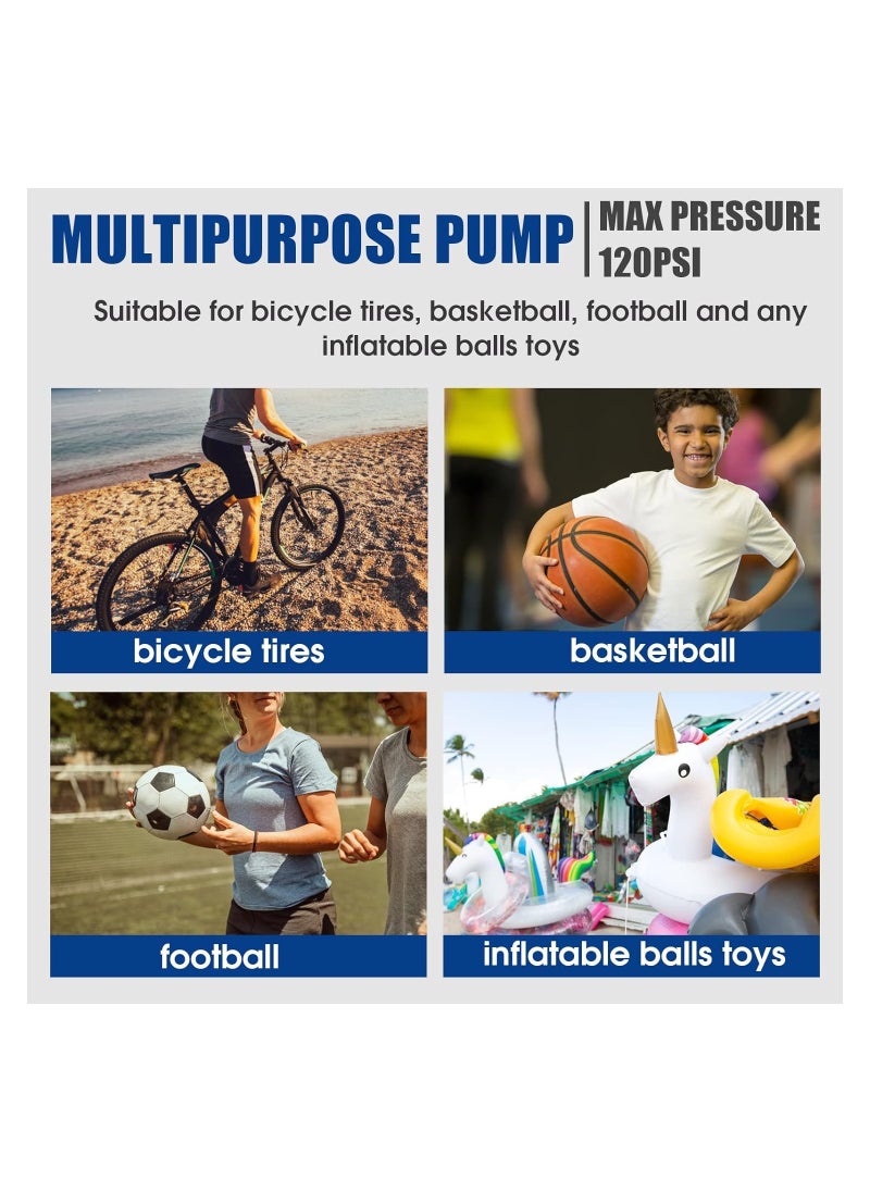 Bike Pump, Portable Floor Bicycle Pump Fit Presta and Schrader Valves, 120PSI High Pressure Bike Air Pump with Ball Pump Needles, Air Bicycle Pump Inflator, for Bike Tire Pump for Road Bike