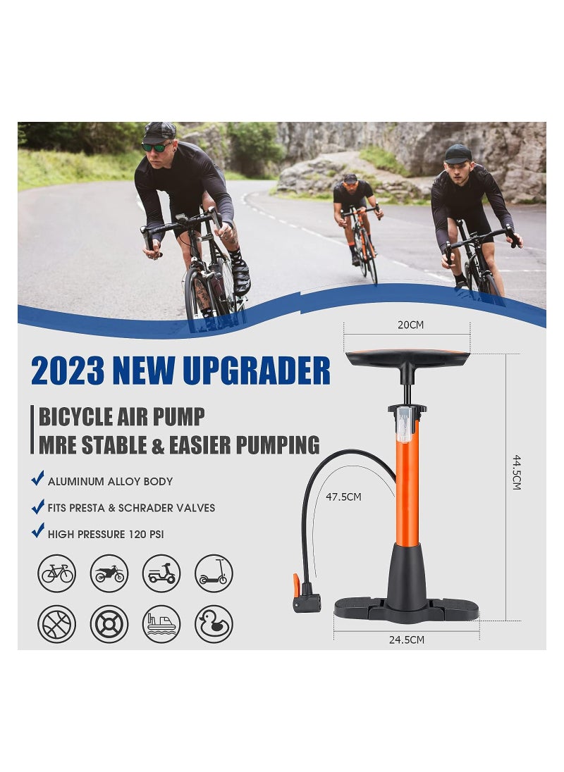 Bike Pump, Portable Floor Bicycle Pump Fit Presta and Schrader Valves, 120PSI High Pressure Bike Air Pump with Ball Pump Needles, Air Bicycle Pump Inflator, for Bike Tire Pump for Road Bike