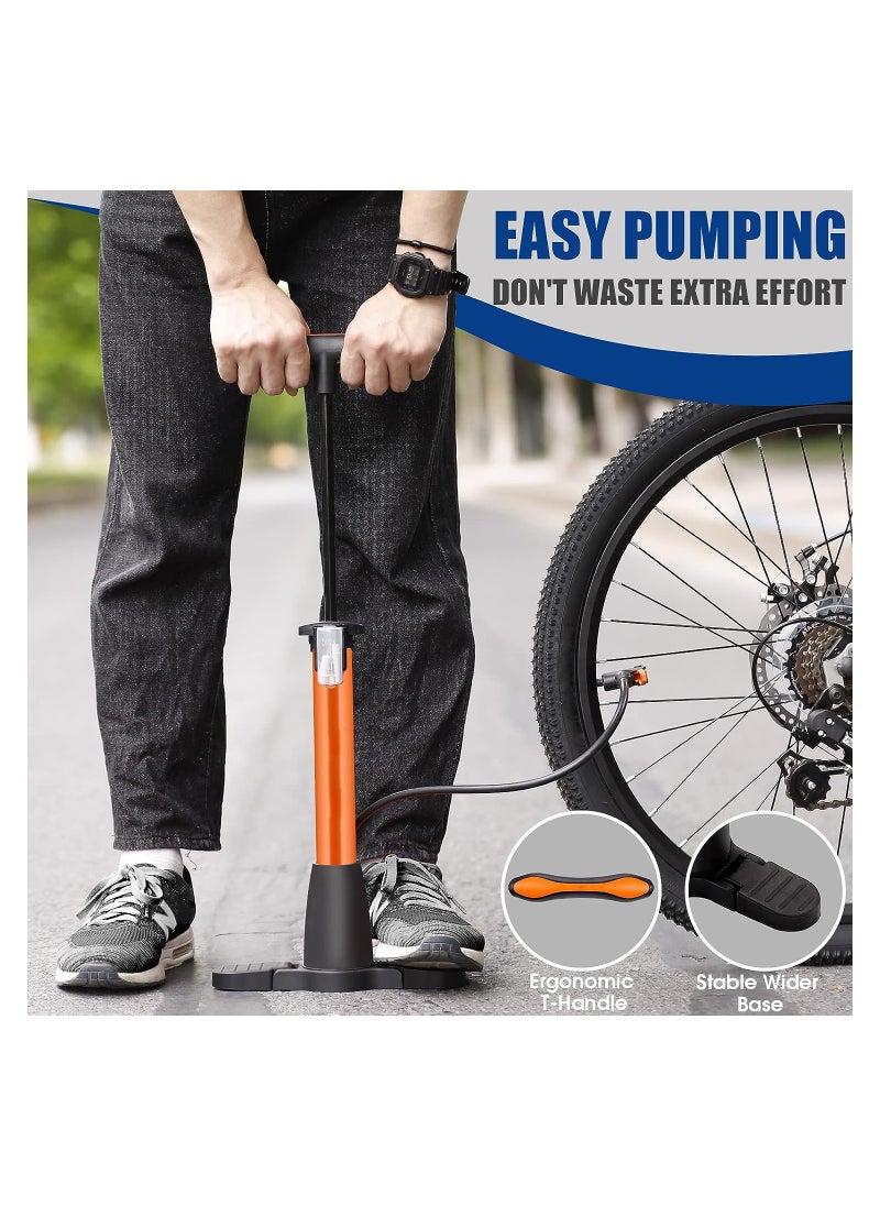 Bike Pump, Portable Floor Bicycle Pump Fit Presta and Schrader Valves, 120PSI High Pressure Bike Air Pump with Ball Pump Needles, Air Bicycle Pump Inflator, for Bike Tire Pump for Road Bike