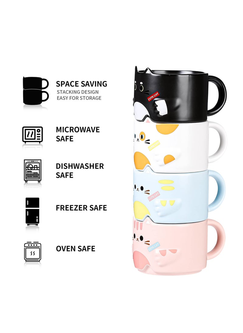 Cute Stackable Cat Mug Set for Cat Lovers, Fun Cartoon Design Coffee Mugs, Perfect Gift for Parties, 10 oz Set of 4