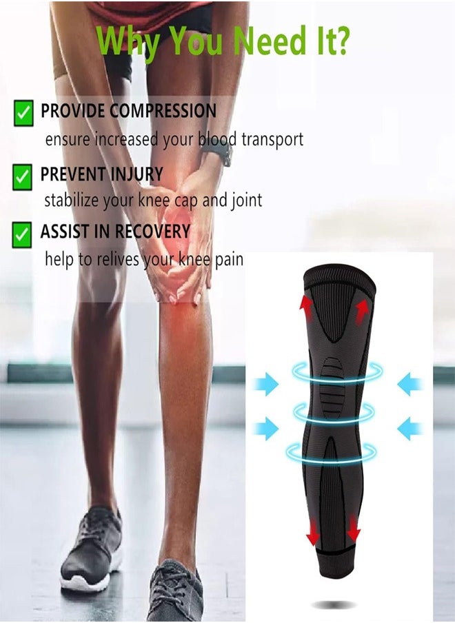 Leg Compression Sleeve Full Leg 2 Pack Long Knee Brace for Men Women Knee Support Protector for Running Weightlifting Workout Joint Pain Relief Meniscus Tear Arthritis Tendinitis