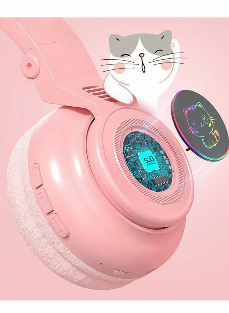Wireless Bluetooth Headphones Kids Over-Ear Cat Ear LED Light Up Foldable for Girls Toddlers  Fire Tablet/Laptop/iPad/School