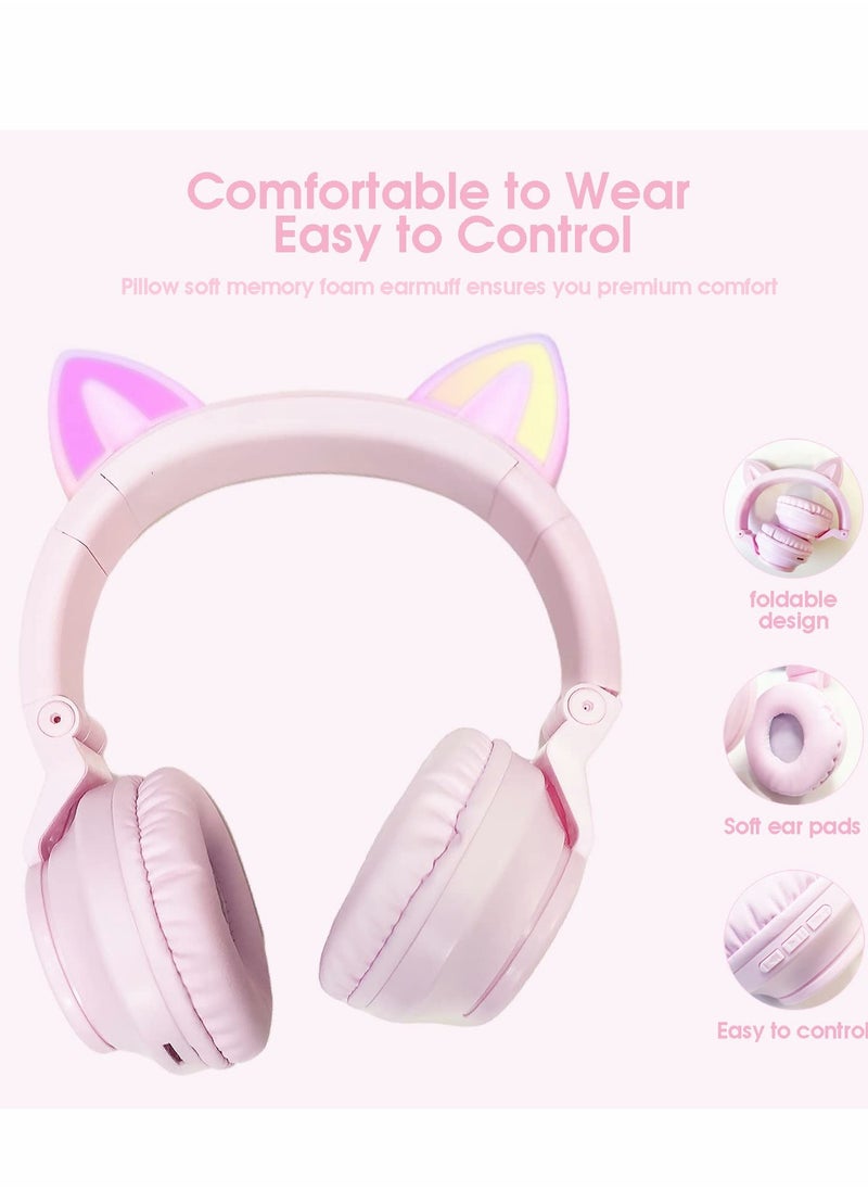 Wireless Bluetooth Headphones Kids Over-Ear Cat Ear LED Light Up Foldable for Girls Toddlers  Fire Tablet/Laptop/iPad/School