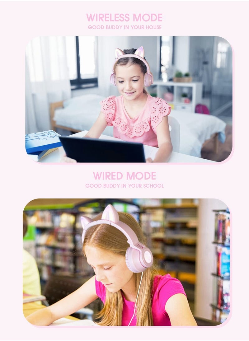 Wireless Bluetooth Headphones Kids Over-Ear Cat Ear LED Light Up Foldable for Girls Toddlers  Fire Tablet/Laptop/iPad/School