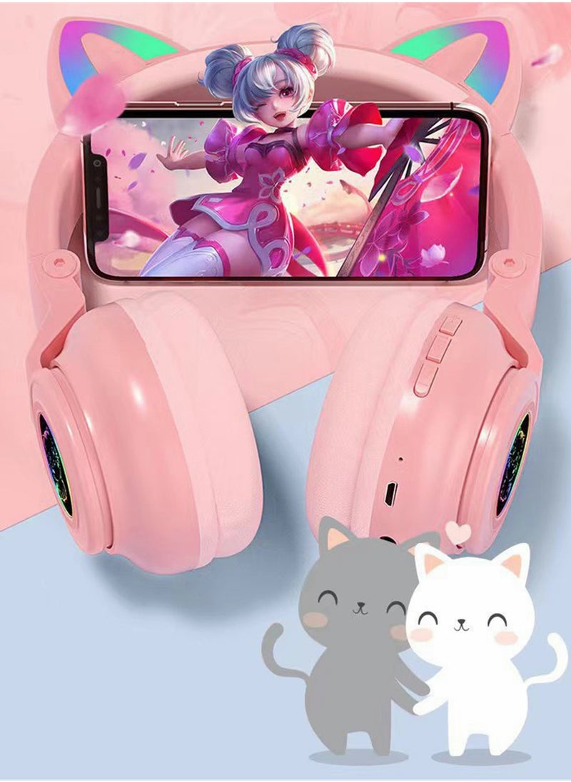 Wireless Bluetooth Headphones Kids Over-Ear Cat Ear LED Light Up Foldable for Girls Toddlers  Fire Tablet/Laptop/iPad/School