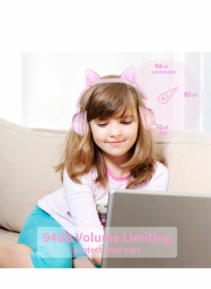 Wireless Bluetooth Headphones Kids Over-Ear Cat Ear LED Light Up Foldable for Girls Toddlers  Fire Tablet/Laptop/iPad/School