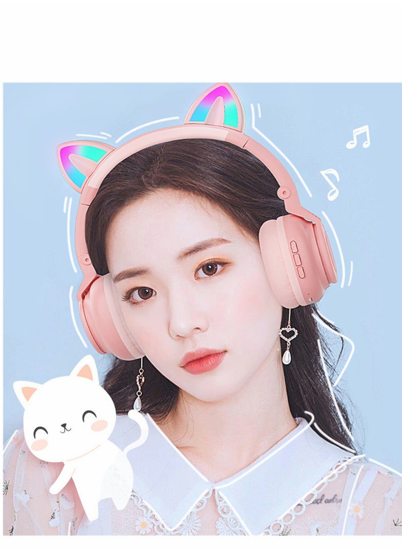 Wireless Bluetooth Headphones Kids Over-Ear Cat Ear LED Light Up Foldable for Girls Toddlers  Fire Tablet/Laptop/iPad/School