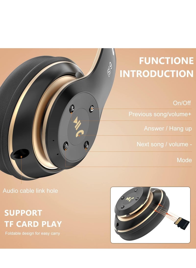 Wireless Headphones Over Ear, 6 EQ Modes Bluetooth 65 Hours Playtime Foldable Lightweight Headphones,with Built-in HD Mic, FM, SD/TF for PC/Home (Black & Gold)