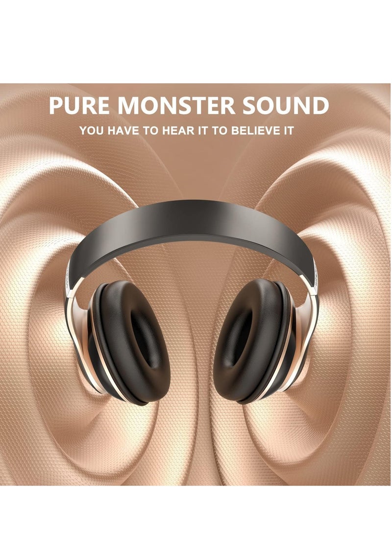 Wireless Headphones Over Ear, 6 EQ Modes Bluetooth 65 Hours Playtime Foldable Lightweight Headphones,with Built-in HD Mic, FM, SD/TF for PC/Home (Black & Gold)
