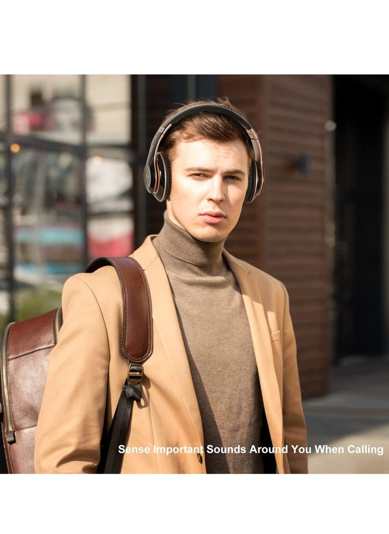 Wireless Headphones Over Ear, 6 EQ Modes Bluetooth 65 Hours Playtime Foldable Lightweight Headphones,with Built-in HD Mic, FM, SD/TF for PC/Home (Black & Gold)