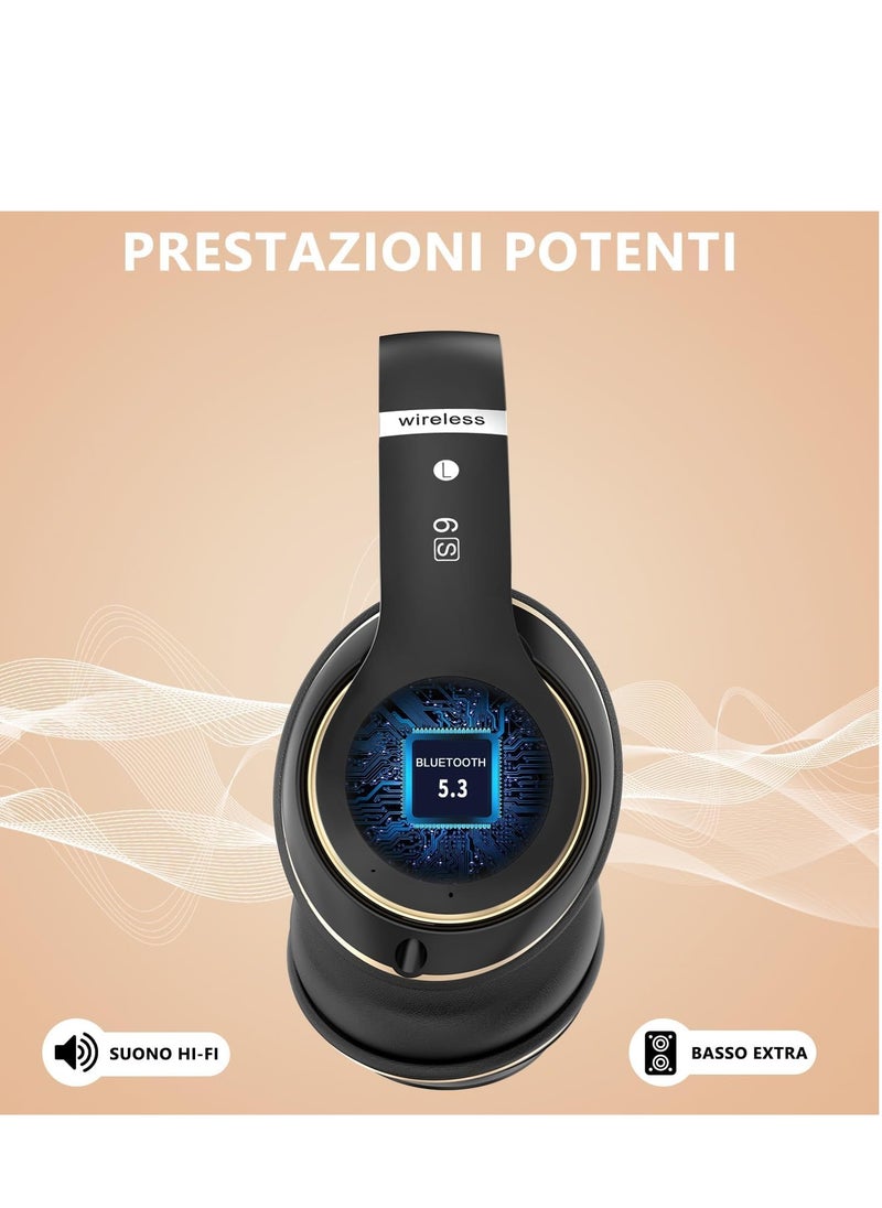 Wireless Headphones Over Ear, 6 EQ Modes Bluetooth 65 Hours Playtime Foldable Lightweight Headphones,with Built-in HD Mic, FM, SD/TF for PC/Home (Black & Gold)