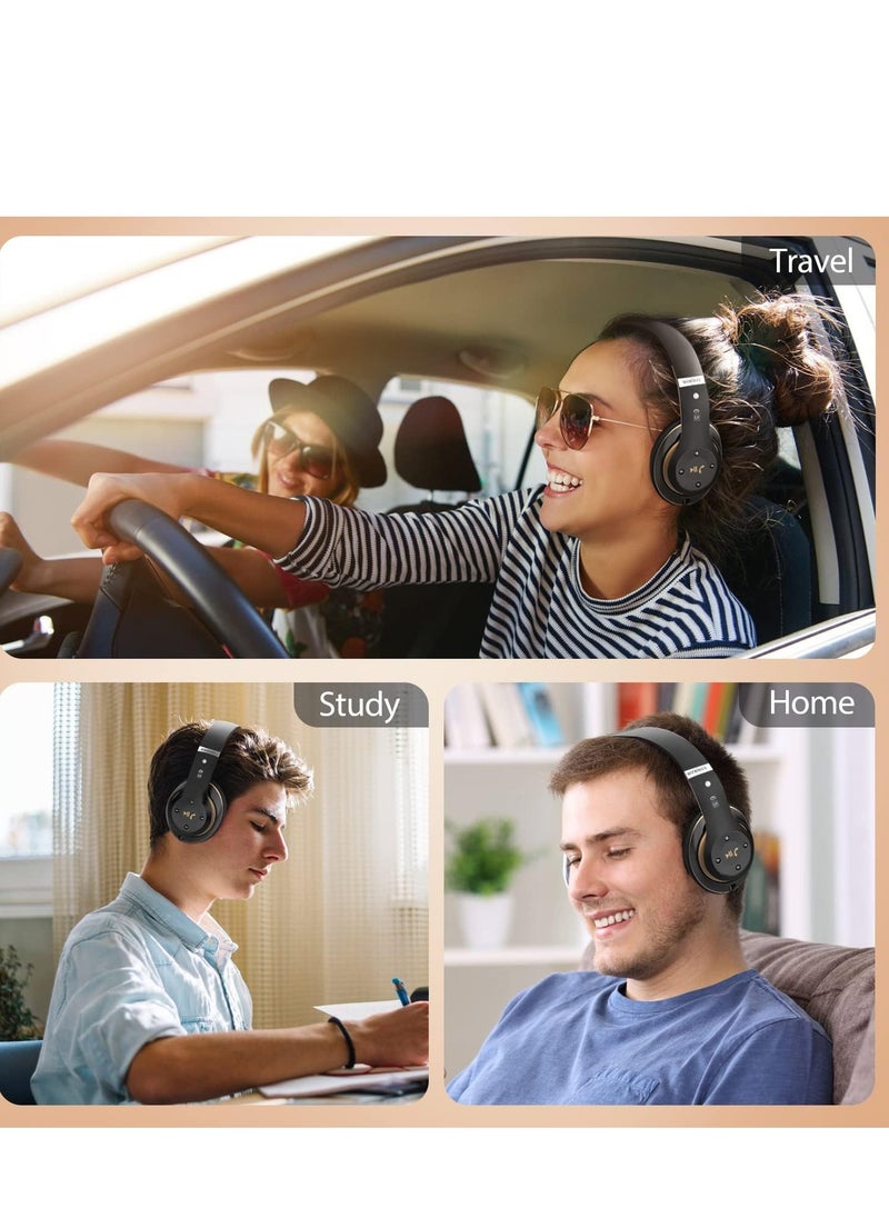 Wireless Headphones Over Ear, 6 EQ Modes Bluetooth 65 Hours Playtime Foldable Lightweight Headphones,with Built-in HD Mic, FM, SD/TF for PC/Home (Black & Gold)