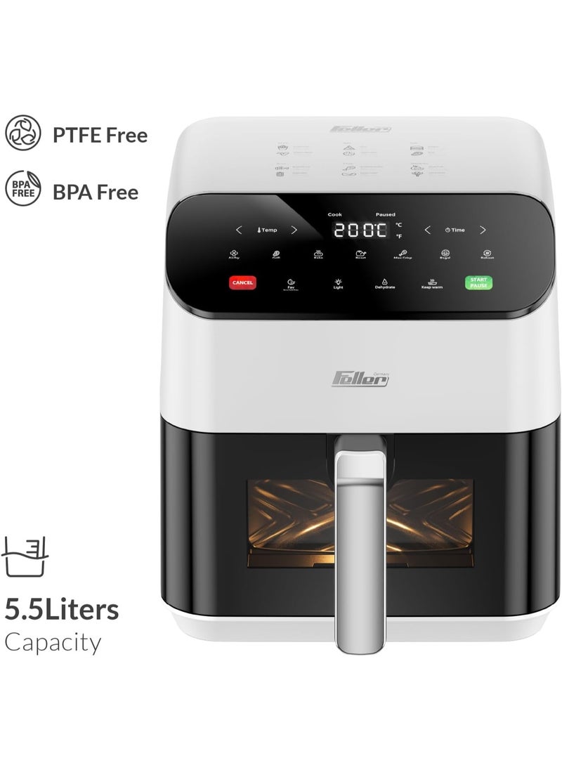 Air Fryer 1600 W, Large 5.5L Cap., Xcyclone-Tech, 4x Non-Stick Ceramic Coating,10 Cooking Functions, Touch Panel, Cool-Touch+Interior Lightning