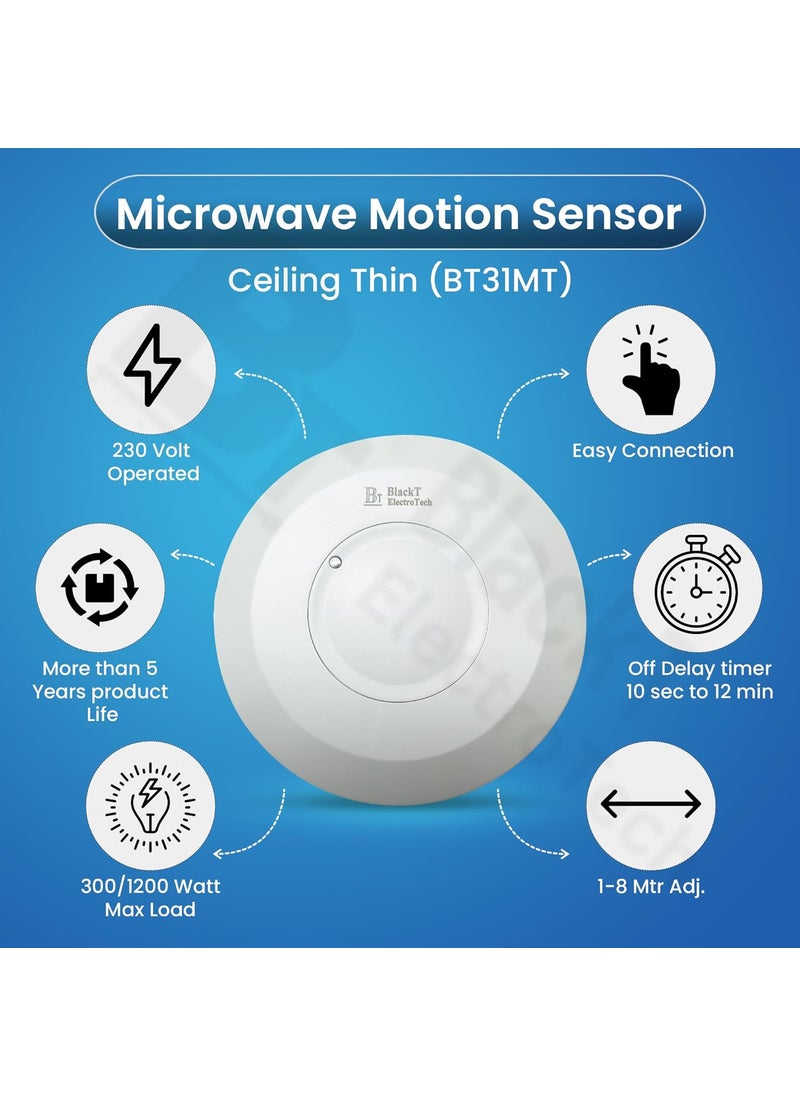 Blackt Electrotech Microwave Radar Sensor Switch Ceiling Mounted Occupancy Motion Detector for Automatic Lighting Control Slim Size
