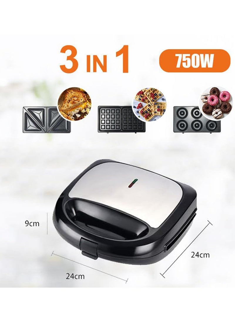 3 in 1 Electric Donut Sandwich Baking Machine,Toaster,Waffle Iron,with Removable Non-Stick Plates,Multifunctional Panini Press Grill,Easy to Use & Clean for WaffleMaker
