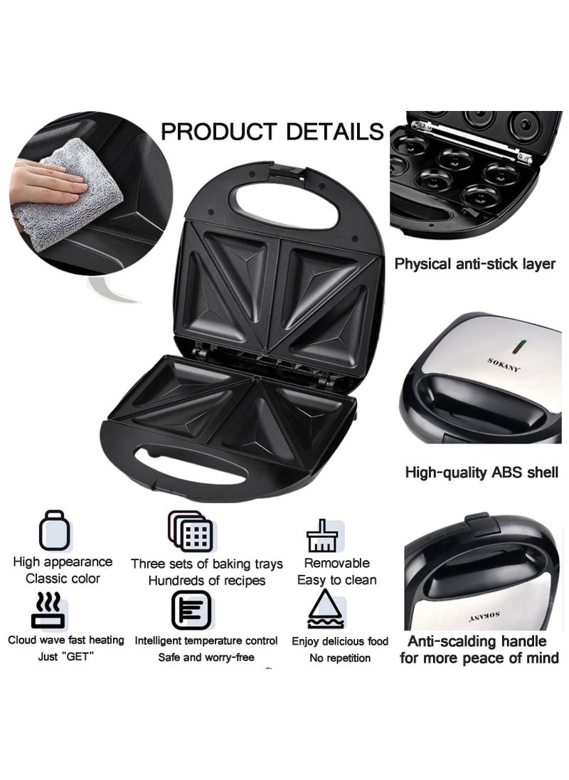 3 in 1 Electric Donut Sandwich Baking Machine,Toaster,Waffle Iron,with Removable Non-Stick Plates,Multifunctional Panini Press Grill,Easy to Use & Clean for WaffleMaker