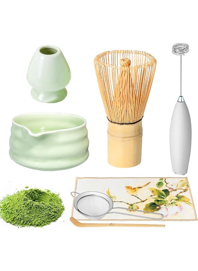 Matcha Set and Bowl, Matcha Making Kit Whisk, Bowl With Spout, Sifter, Ceramic Whisk Holder, Spoon Japanese Tea Powder Starter Tools For Ceremony Gift（7 pack）