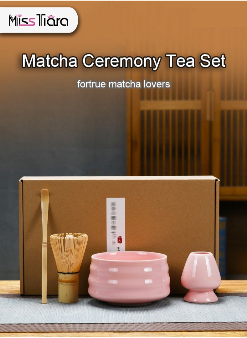 Matcha Set, Made With Natural Bamboo And Premium Quality Ceramic, Japanese 4 pieces set, Matcha Bowl with Spout, Bamboo Matcha Whisk, Matcha Scoop, Whisk Holder, Pink