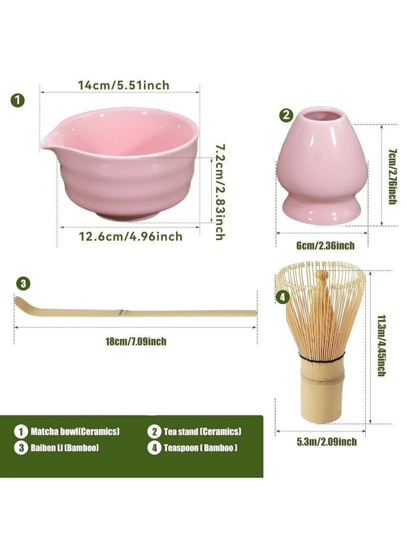 Matcha Set, Made With Natural Bamboo And Premium Quality Ceramic, Japanese 4 pieces set, Matcha Bowl with Spout, Bamboo Matcha Whisk, Matcha Scoop, Whisk Holder, Pink